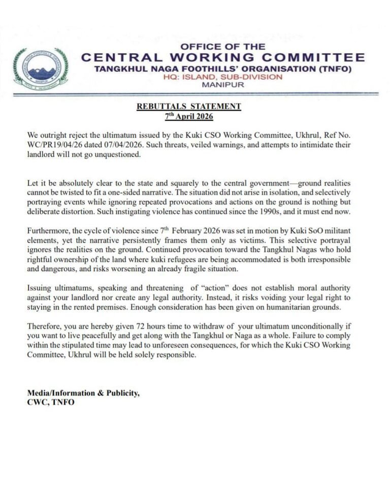 TNFO Rejects Kuki CSO Ultimatum, Issues 72-Hour Counter Deadline