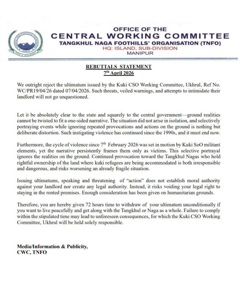 TNFO Rejects Kuki CSO Ultimatum, Issues 72-Hour Counter Deadline