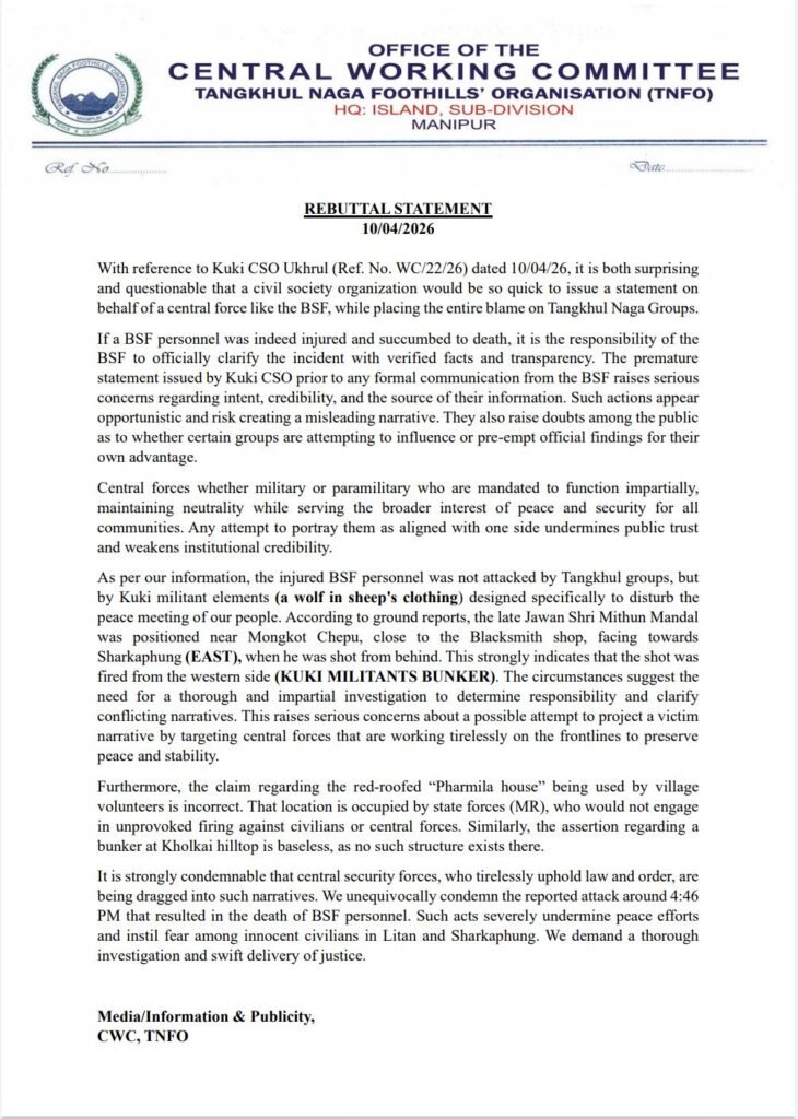 TNFO Rebuts Kuki CSO Statement on BSF Personnel’s Death, Calls for Impartial Probe