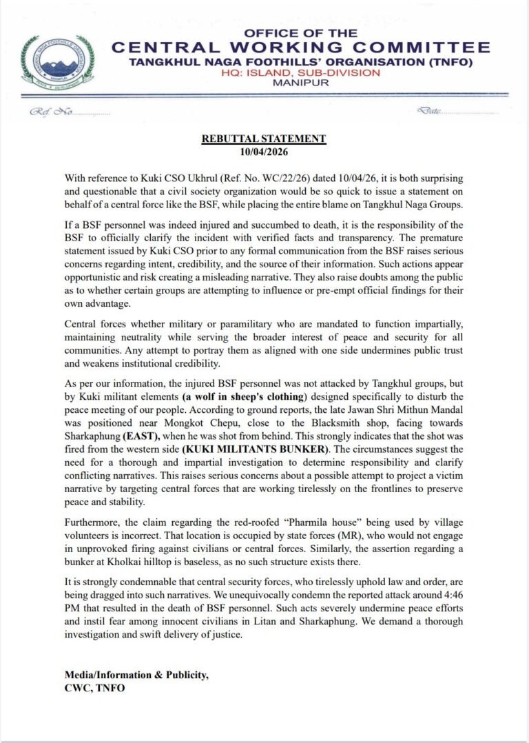 TNFO Rebuts Kuki CSO Statement on BSF Personnel’s Death, Calls for Impartial Probe