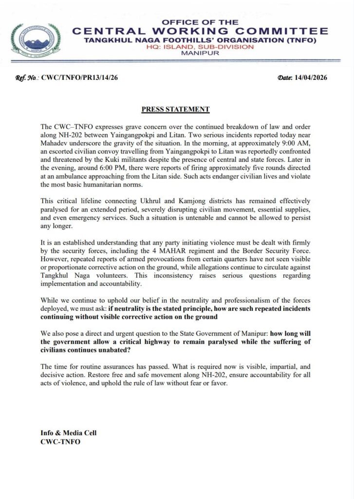 TNFO Raises Alarm Over NH-202 Violence, Demands Immediate Government Action