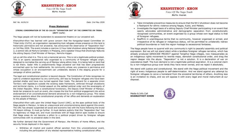 Khanuthot-Khon Condemns “Separation Day” as Secessionist Threat to Constitutional Order : Indigenous Naga Youth Organization Demands  Government Intervention Against Kuki Refugee-Led Event