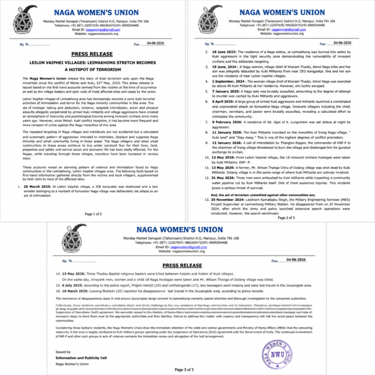 Naga Women’s Union Releases Dossier on Alleged Violence in Leilon Vaiphei–Leimakhong Area, Seeks Review of SoO Pact